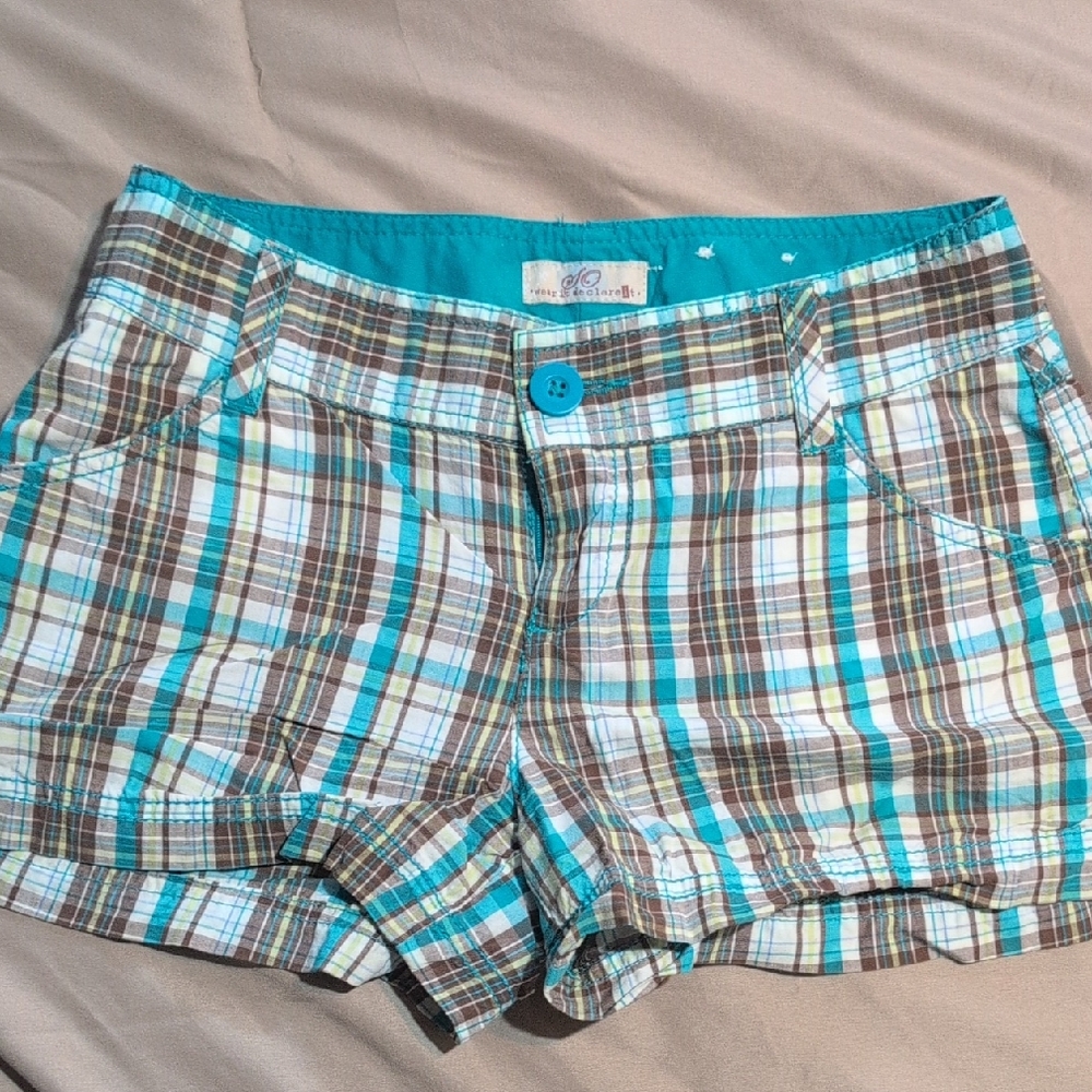 SO Junior's Plaid Shorts in Turquoise and Brown